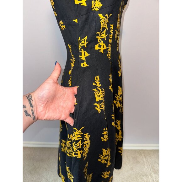 Vtg 60s Smartcraft Asian Inspired Dress Black Gold Textured Cotton Pinup Size 14 - Picture 3 of 8